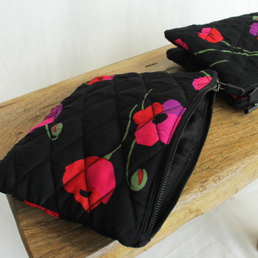 Black floral quilted pouch (Set of 2)