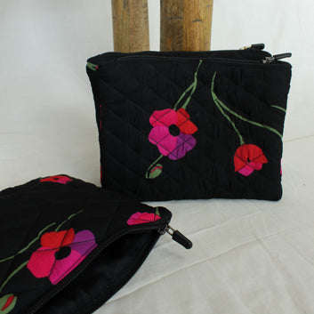 Black floral quilted pouch (Set of 2)